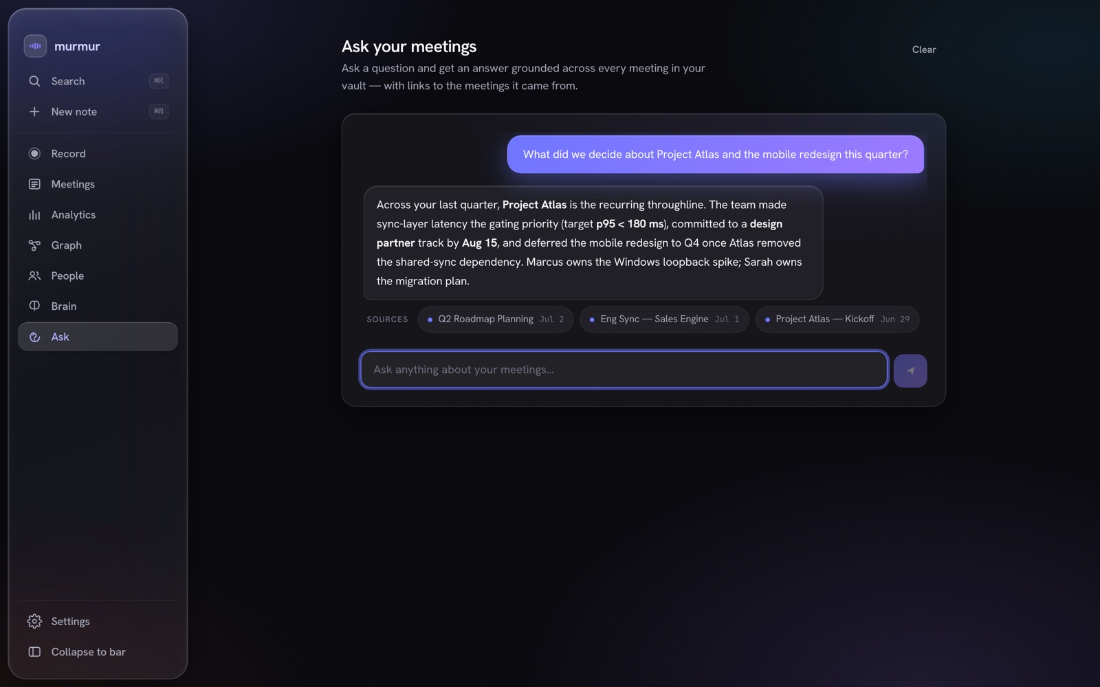 Ask Your Vault — grounded Q&A across months of meetings, every claim linked to its source