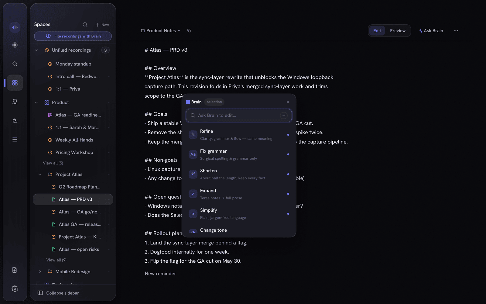The standalone note editor with a text selection and the Brain command menu open, showing Refine, Shorten, Change tone and more actions