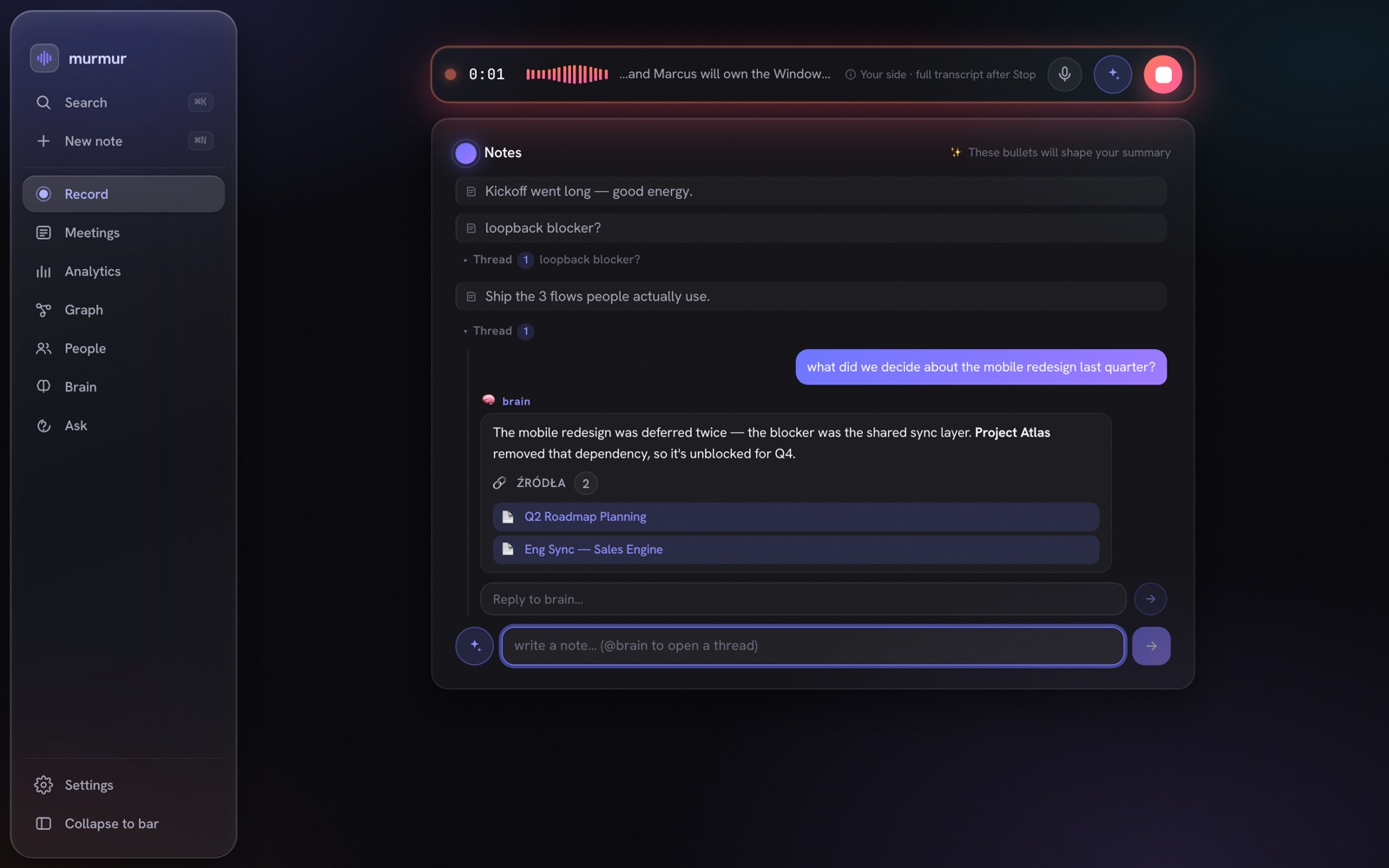 Asking Murmur's on-device assistant a question mid-meeting and getting a grounded answer with sources — while the recording keeps rolling
