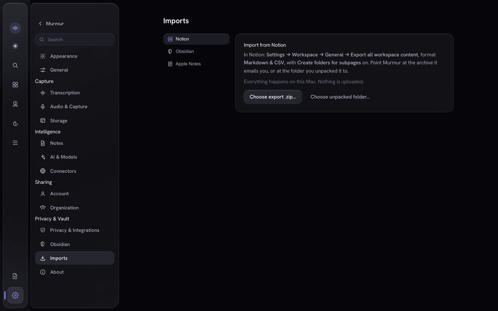 Settings → Imports: Notion, Obsidian and Apple Notes, with the note that everything happens on this Mac and nothing is uploaded