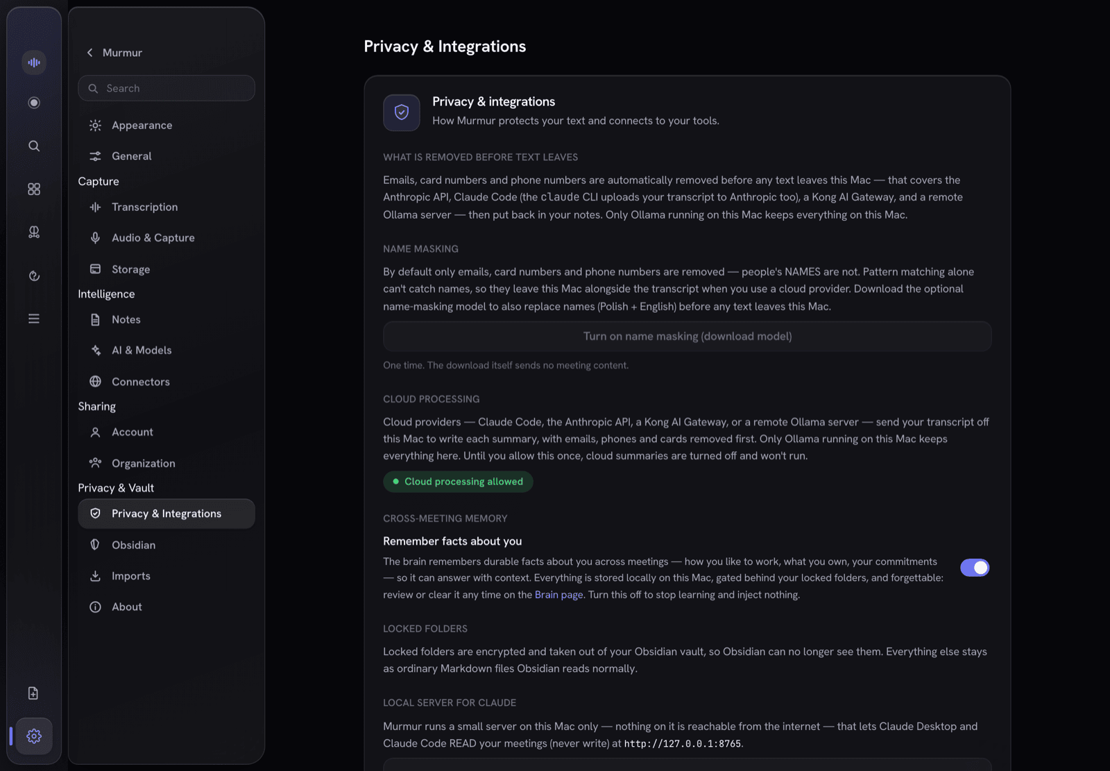 Murmur's privacy settings, stating in plain language what is removed before any text leaves, which providers are cloud, and that cloud processing is off until you allow it once