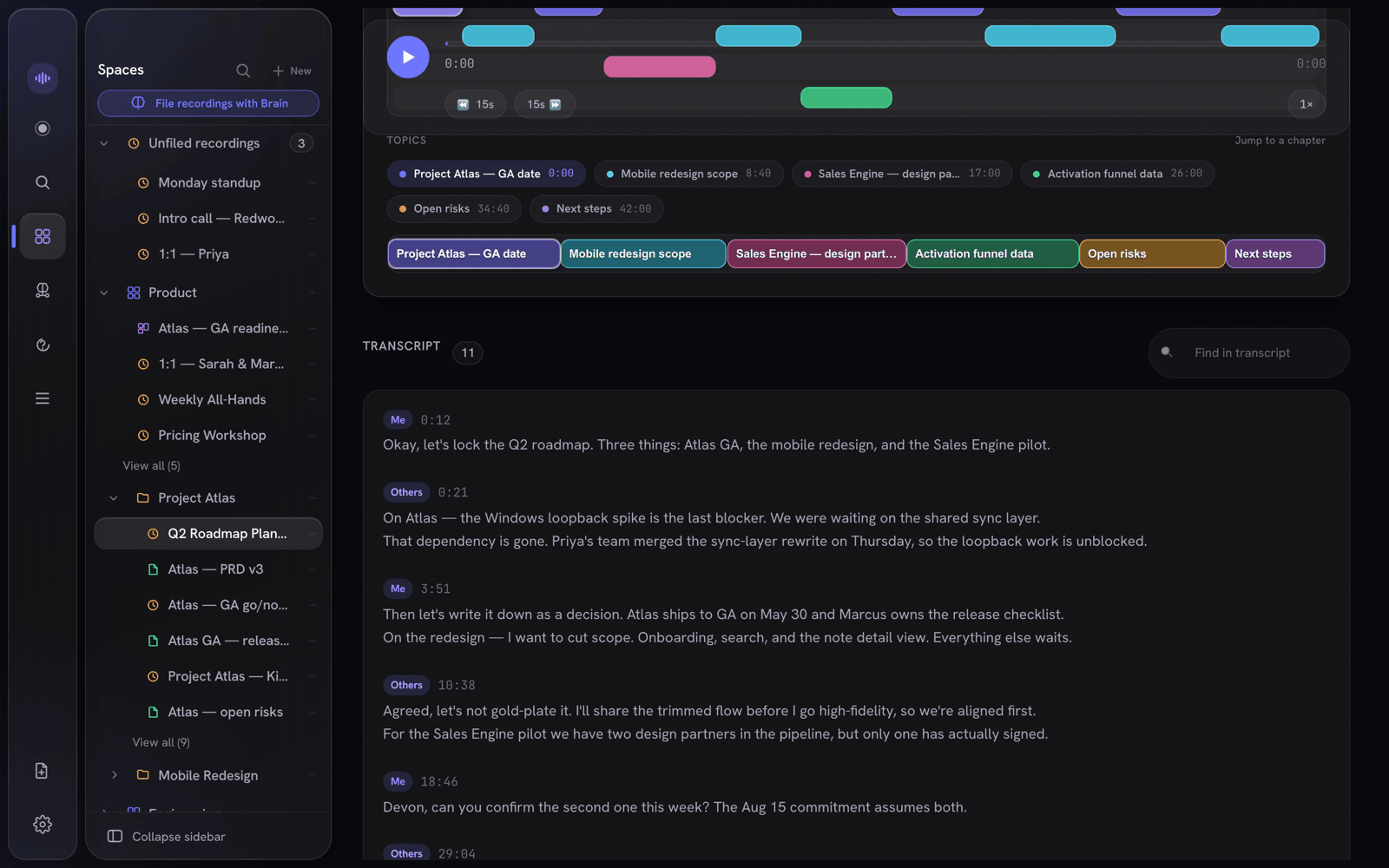 The merged Me / Others transcript, time-indexed, beside the speaker and topic timeline